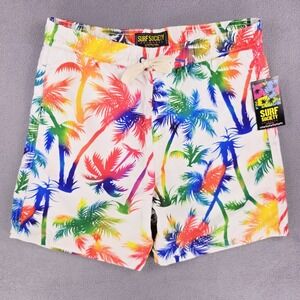 New Surf Society Swim‎ Trunks Men's Medium Rainbow Palm Trees White Shorts Pride